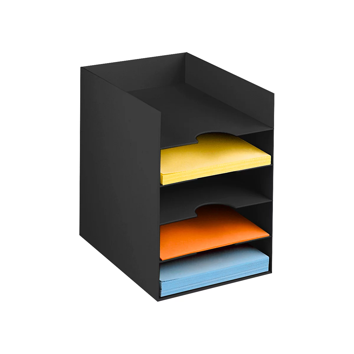 Black letter tray with four compartments. In the compartments are yellow, orange and blue sheets.