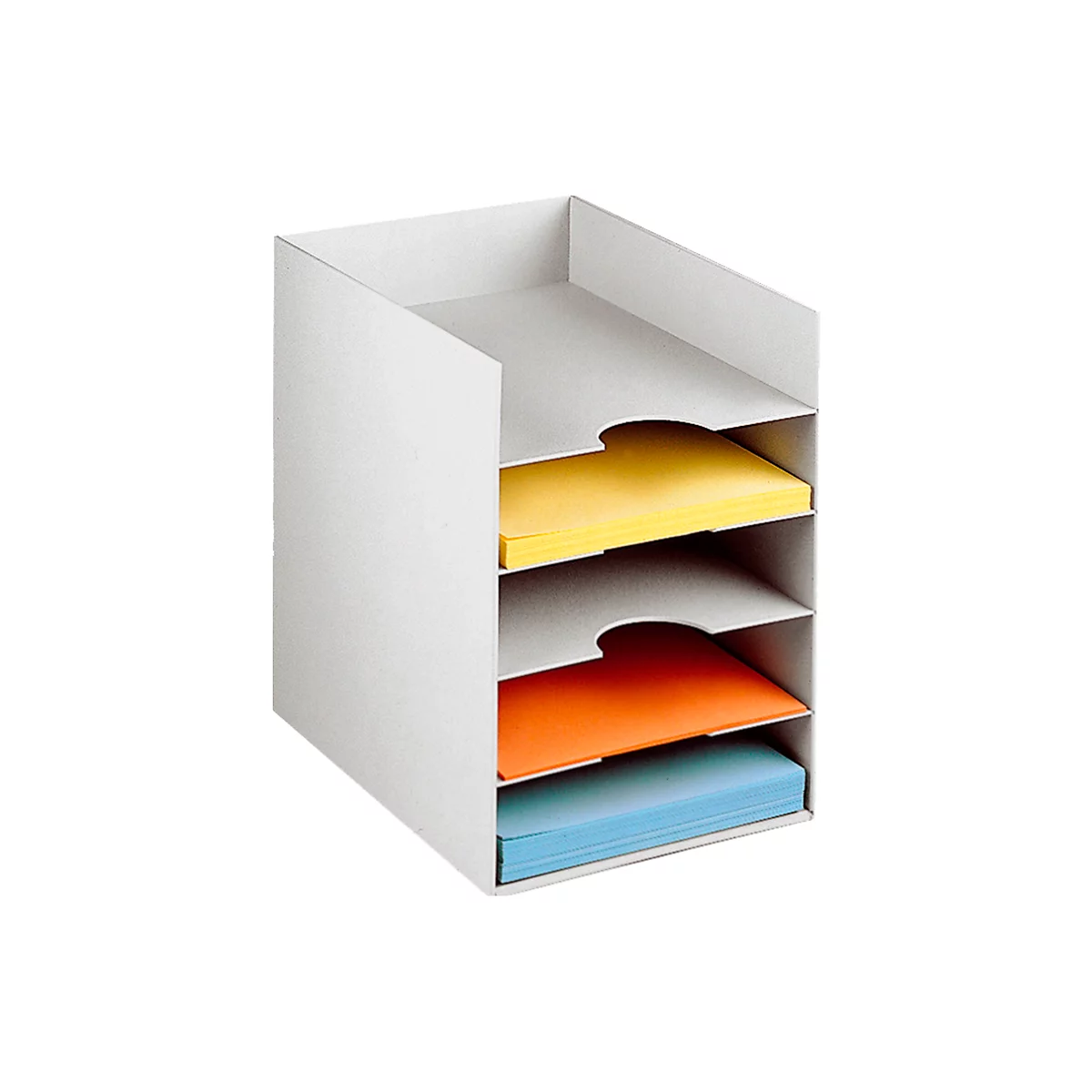 White paper tray with four compartments, filled with yellow, orange and blue stacks of paper.