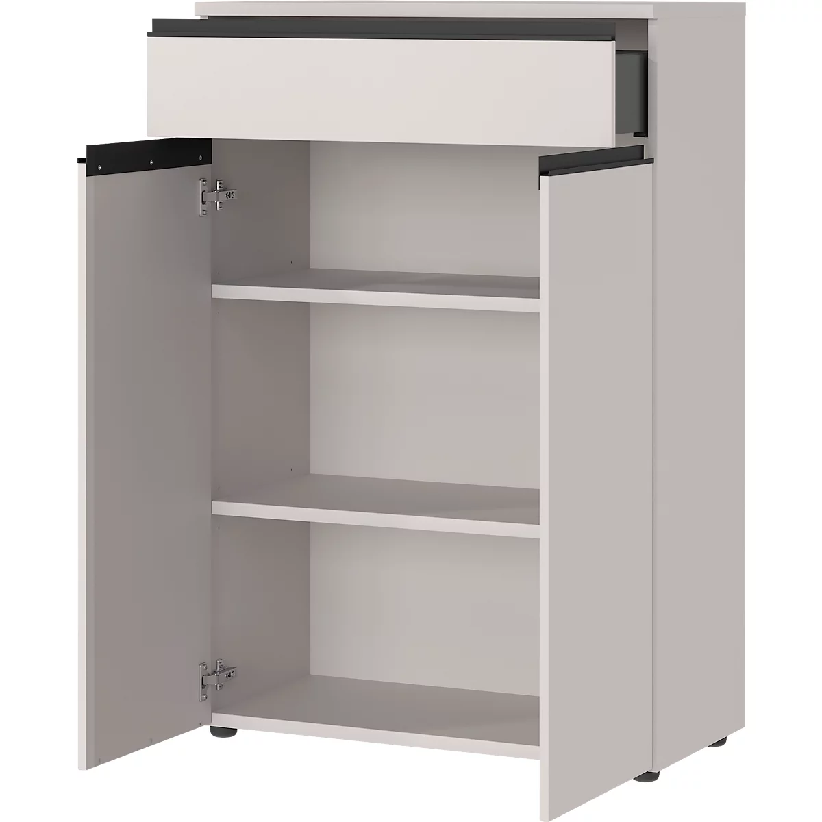 Aalborg archiefkast, 1 lade, 2 deuren, 2 legplanken, meubelglijders, melaminehars gecoat, B 810 x D 400 x H 1200 mm, grafiet