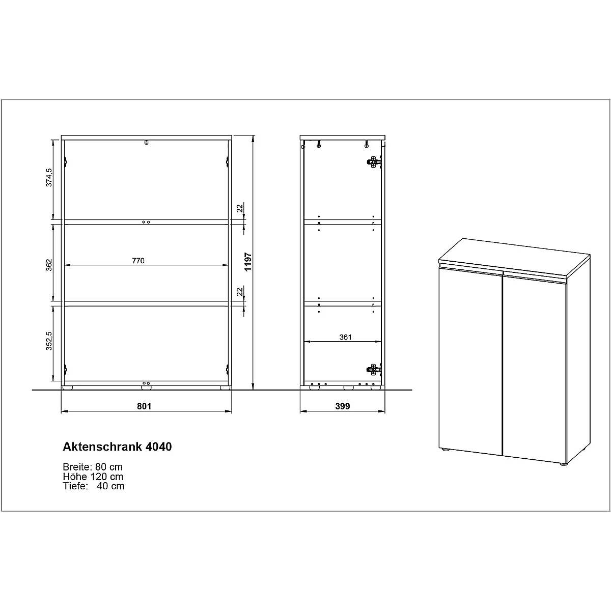 Aalborg archiefkast, 2 deuren, 2 legplanken, meubelglijders, melaminehars gecoat, B 810 x D 400 x H 1200 mm, grafiet