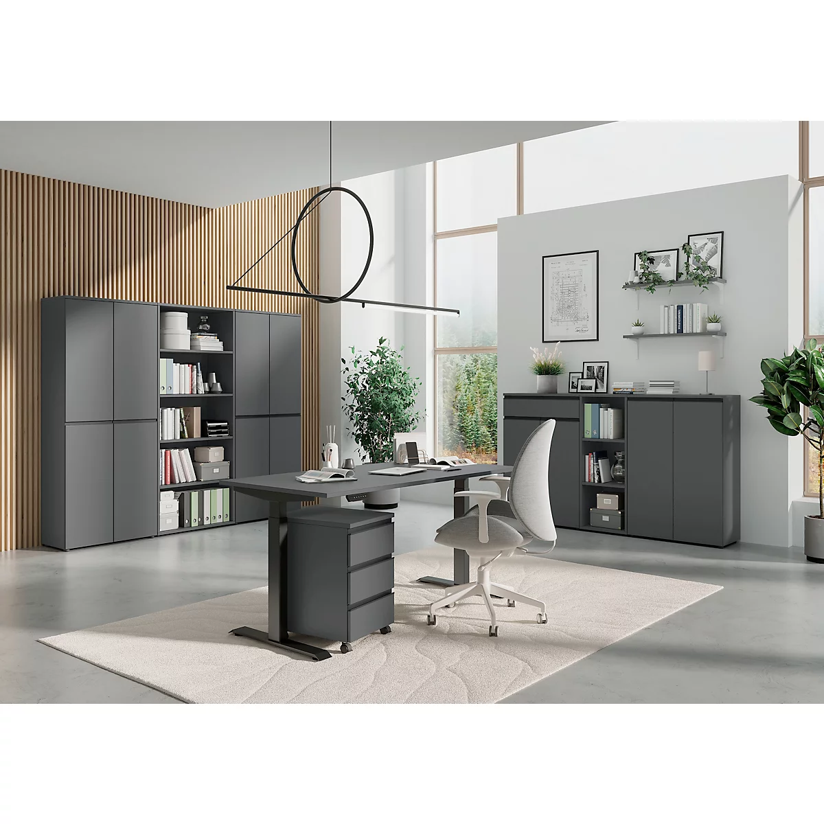 Aalborg bureau, mechanisch in hoogte verstelbaar, tot 80 kg, rechthoekig, C-poot, B 1600 x D 800 x H 680 - 910 mm, grafiet/zwartgrijs