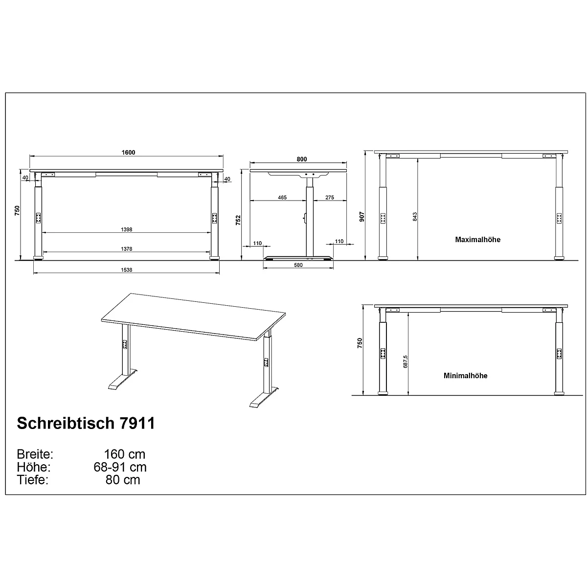 Aalborg bureau, mechanisch in hoogte verstelbaar, tot 80 kg, rechthoekig, C-poot, B 1600 x D 800 x H 680 - 910 mm, grafiet/zwartgrijs