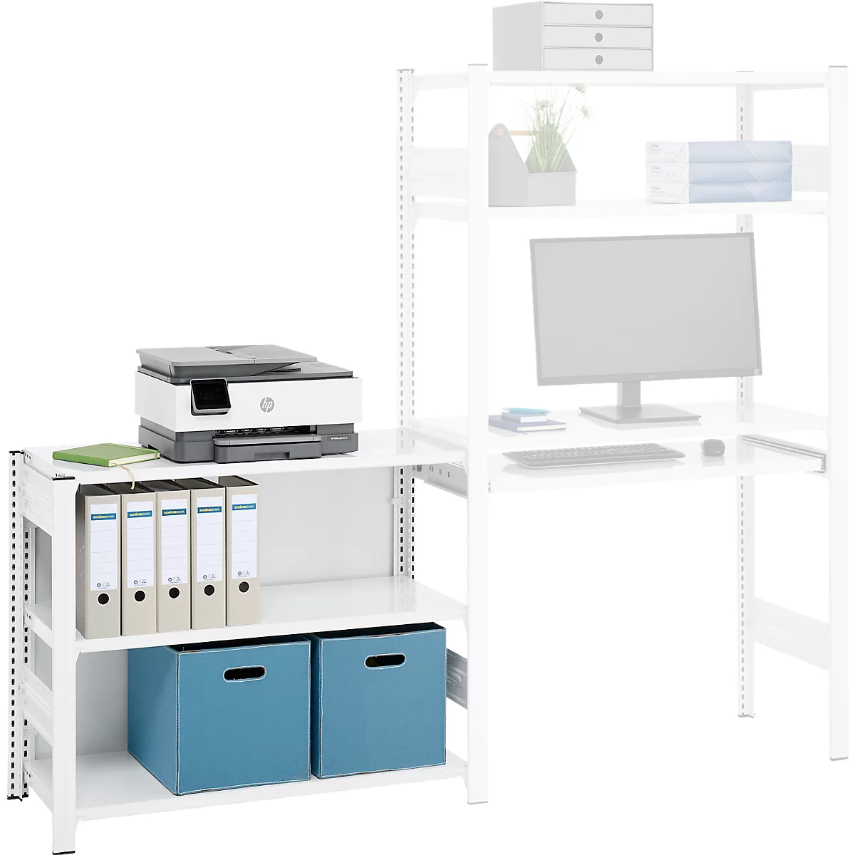 Aanbouwrek voor ORDO Home rekken, 3 legborden, multifunctioneel, verrijdbaar, B 1060 x D 435 x H 825 mm, verkeerswit RAL 9016