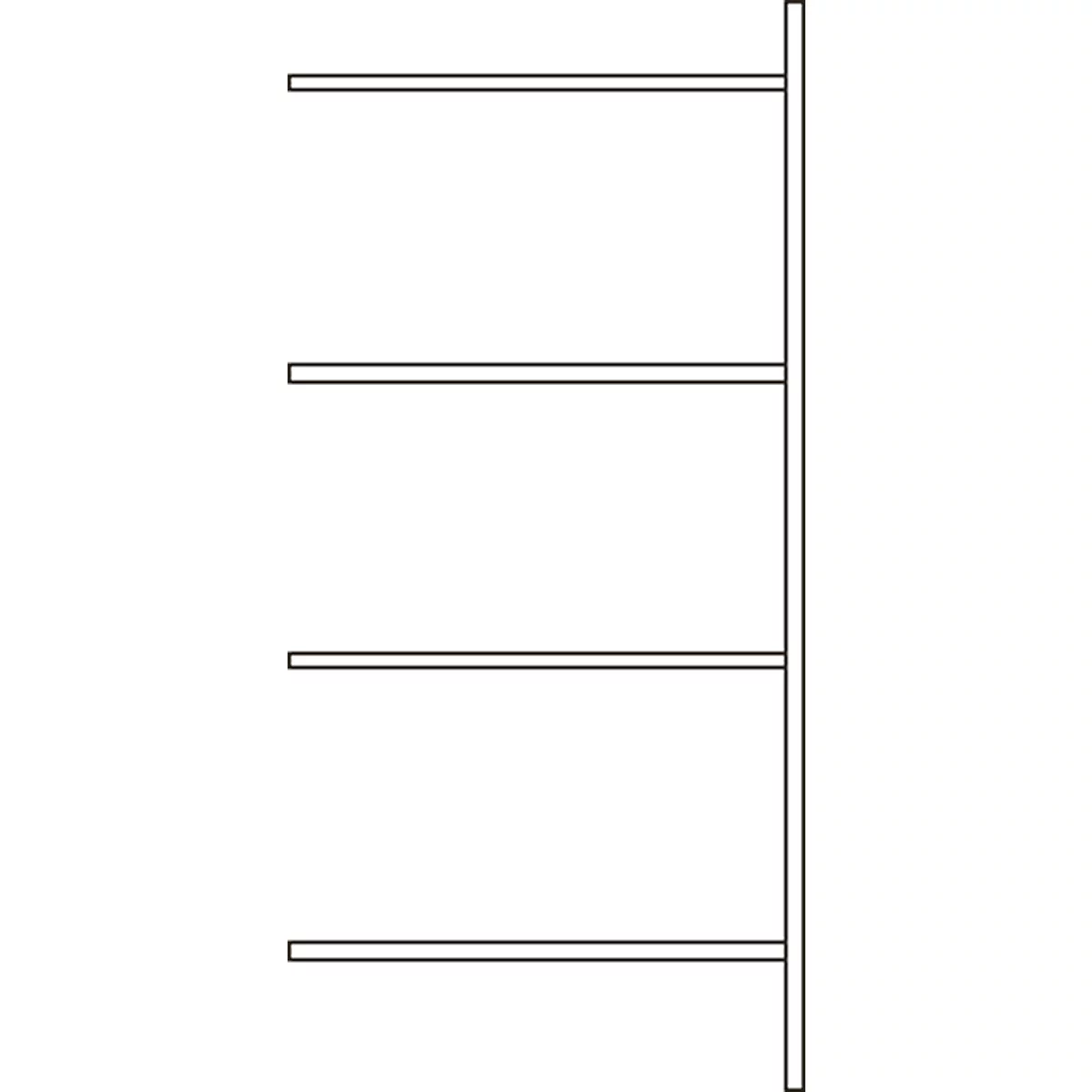 Schematische tekening van een wandplank met vier horizontale planken aan een verticale rail.