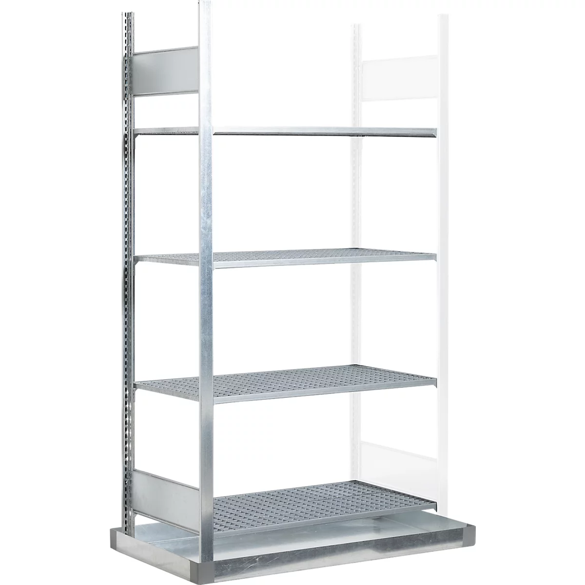 Een metalen rek met vier planken. De constructie is open en in een licht zilveren kleur.