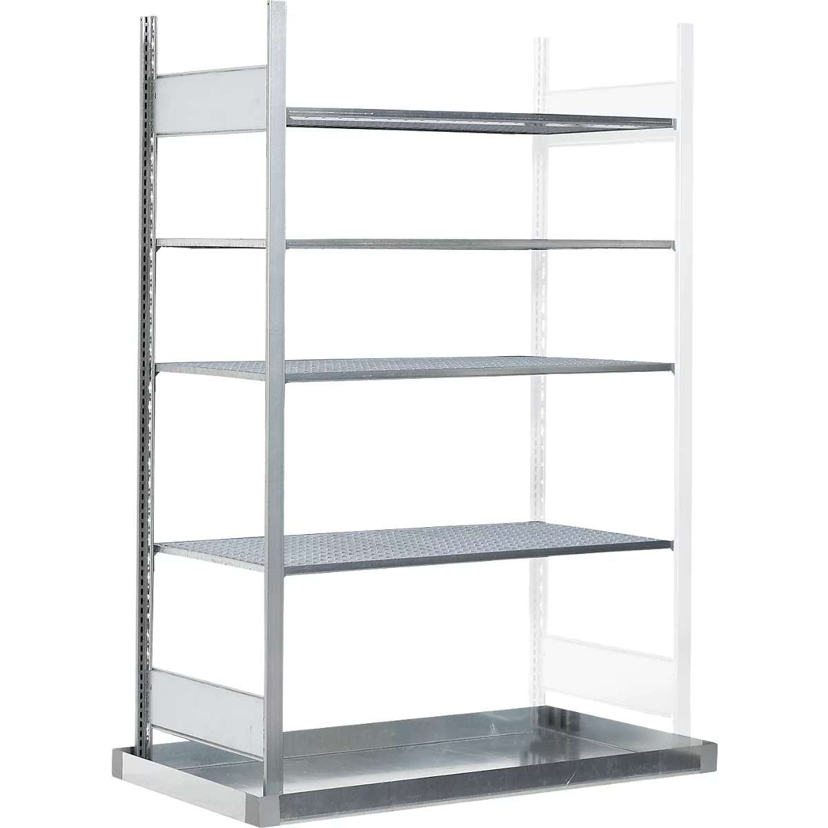 Een leeg metalen schap met meerdere niveaus tegen een witte achtergrond.