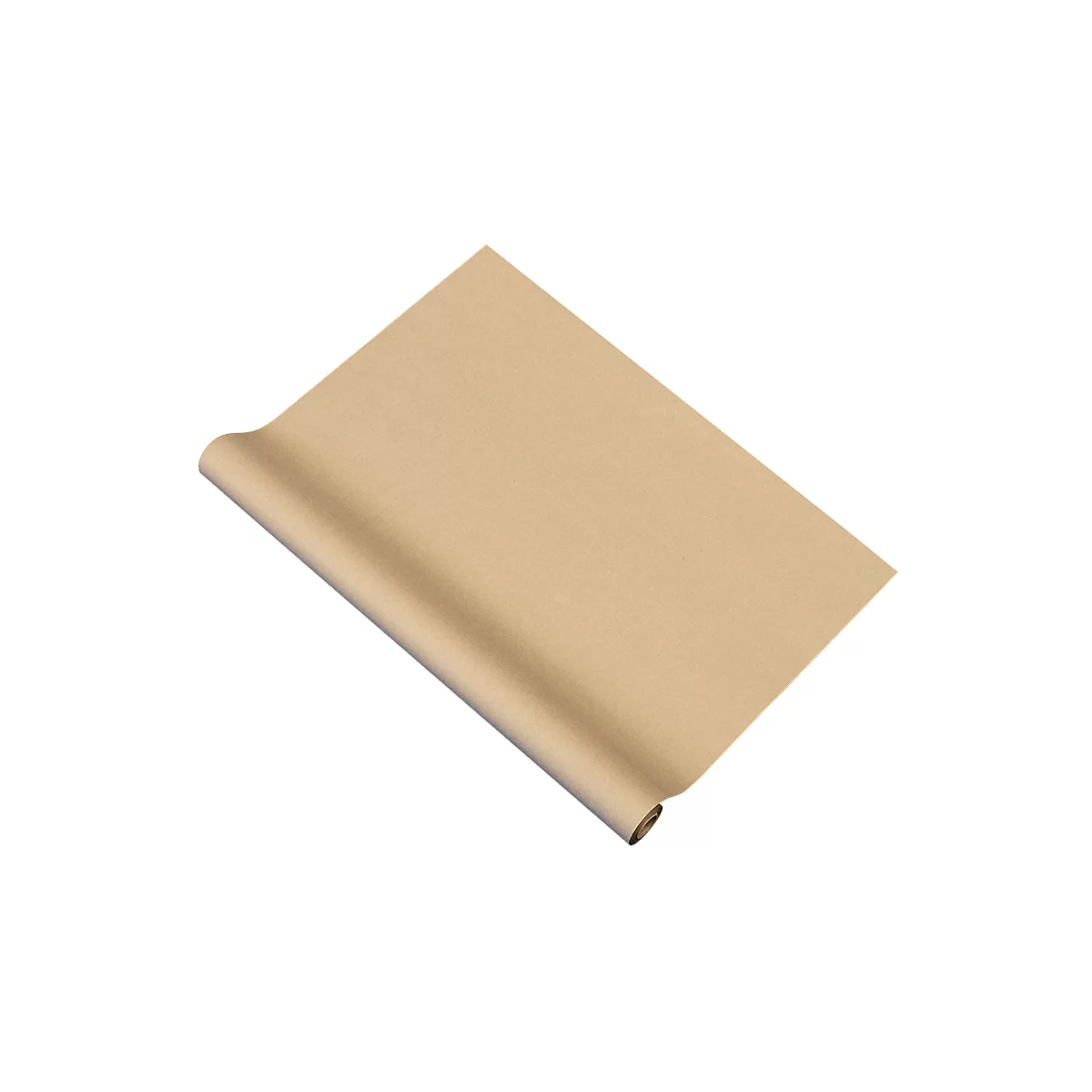 Eine aufgerollte Bahn aus braunem Kraftpapier vor weißem Hintergrund.