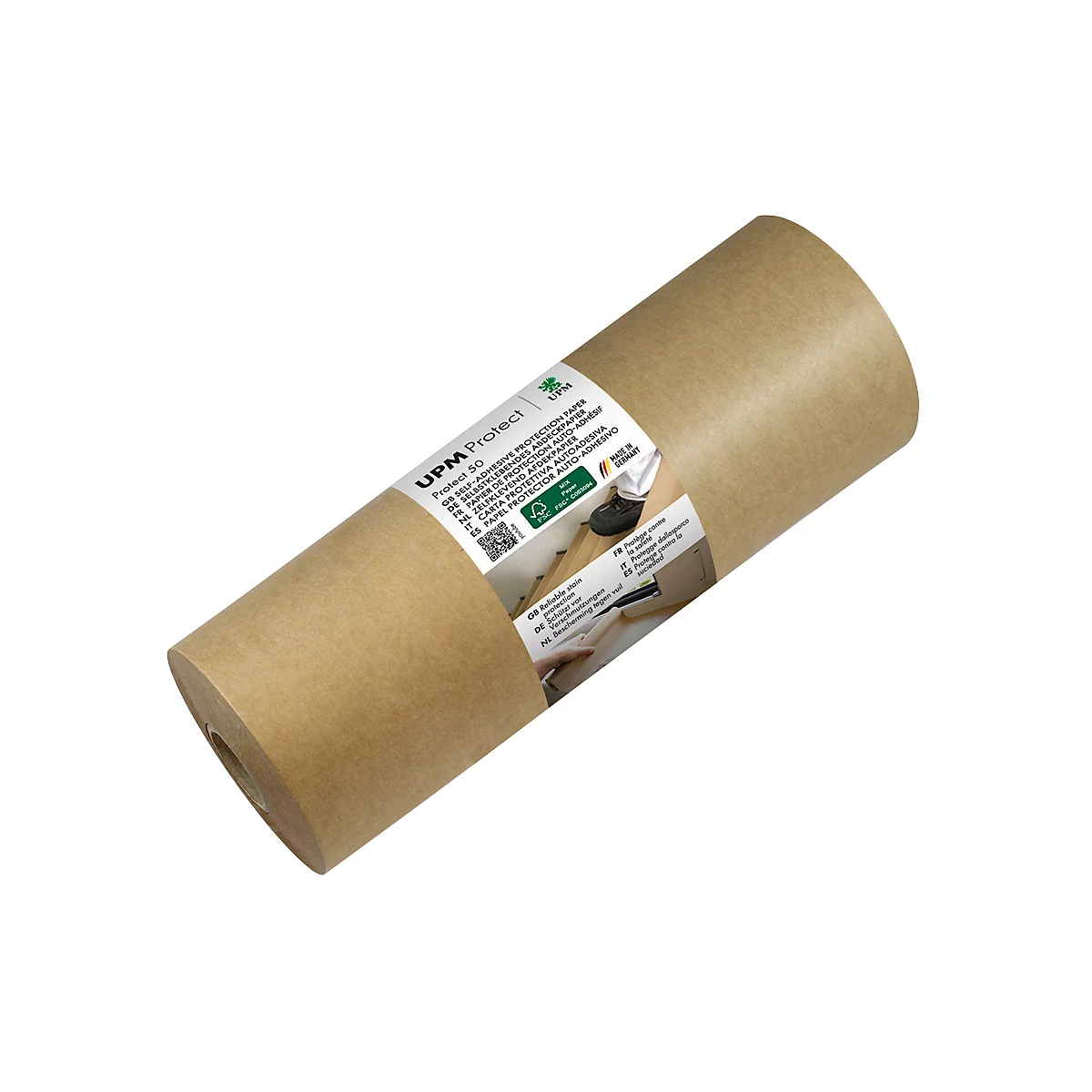 UPM Protect 50 Rolle selbstklebendes Schutzpapier aus braunem Kraftpapier auf weißem Hintergrund.
