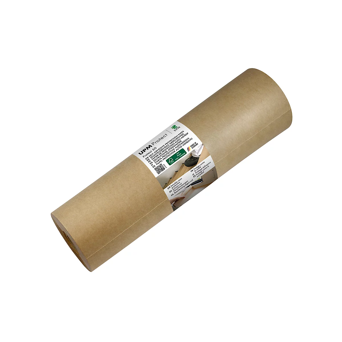 Eine Rolle UPM Protect Abdeckpapier vor weißem Hintergrund mit Produktetikett.