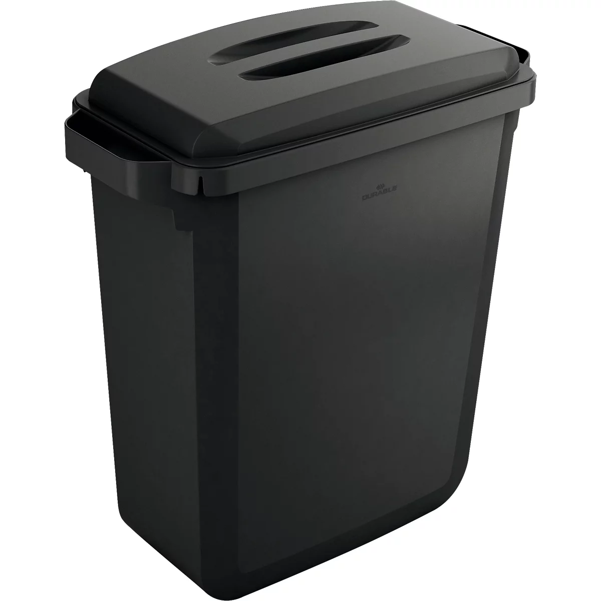 Abfallbehälter Durable Durabin Eco, 60 L, mit Deckel, 2 Tragegriffe, B 590 x T 282 x H 600 mm, recycelter Kunststoff in Qualität Blauer Engel, schwarz
