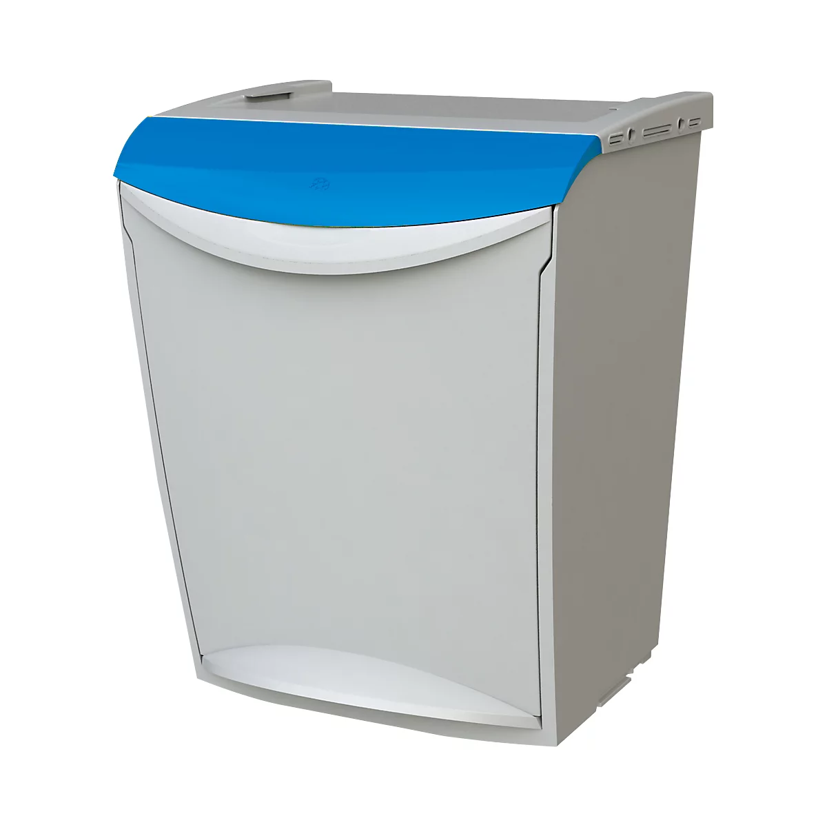 Ein weißer Müllcontainer mit blauem Deckel, grauer Umrandung und geschwungener Front.