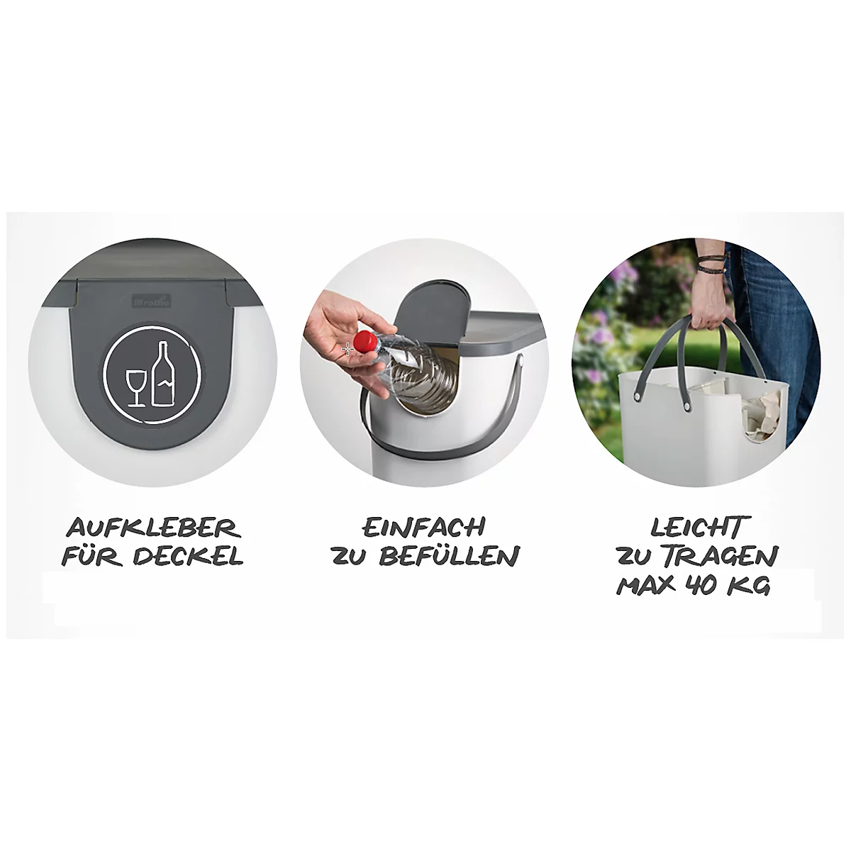 Abfalleimer Rotho ALBULA, Recycling-System, 25 l, stapelbar, Kunststoff (BPA-frei), mistletoe weiss