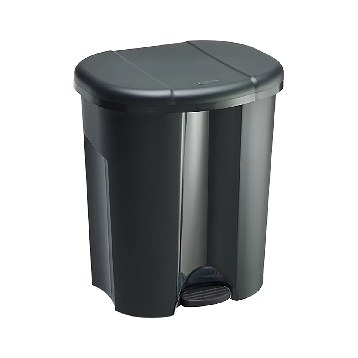 Ein schwarzer Mülleimer mit offenem Deckel, der drei Innenfächer zeigt.