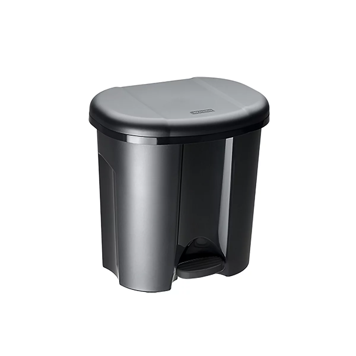 Ein schwarzer Mülleimer mit Deckel und Fusspedal, vor weissem Hintergrund.