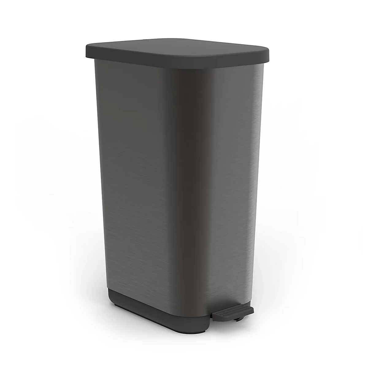 Grauer Abfalleimer mit Deckel und Pedal, mit Massen und Kapazitätsangabe.