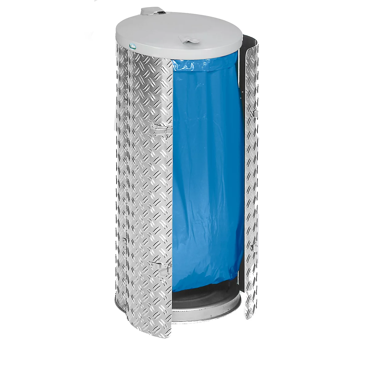 Silberfarbener Mülleimer mit blauem Müllbeutel. Die Außenhülle ist mit einem Riffelblechmuster versehen.