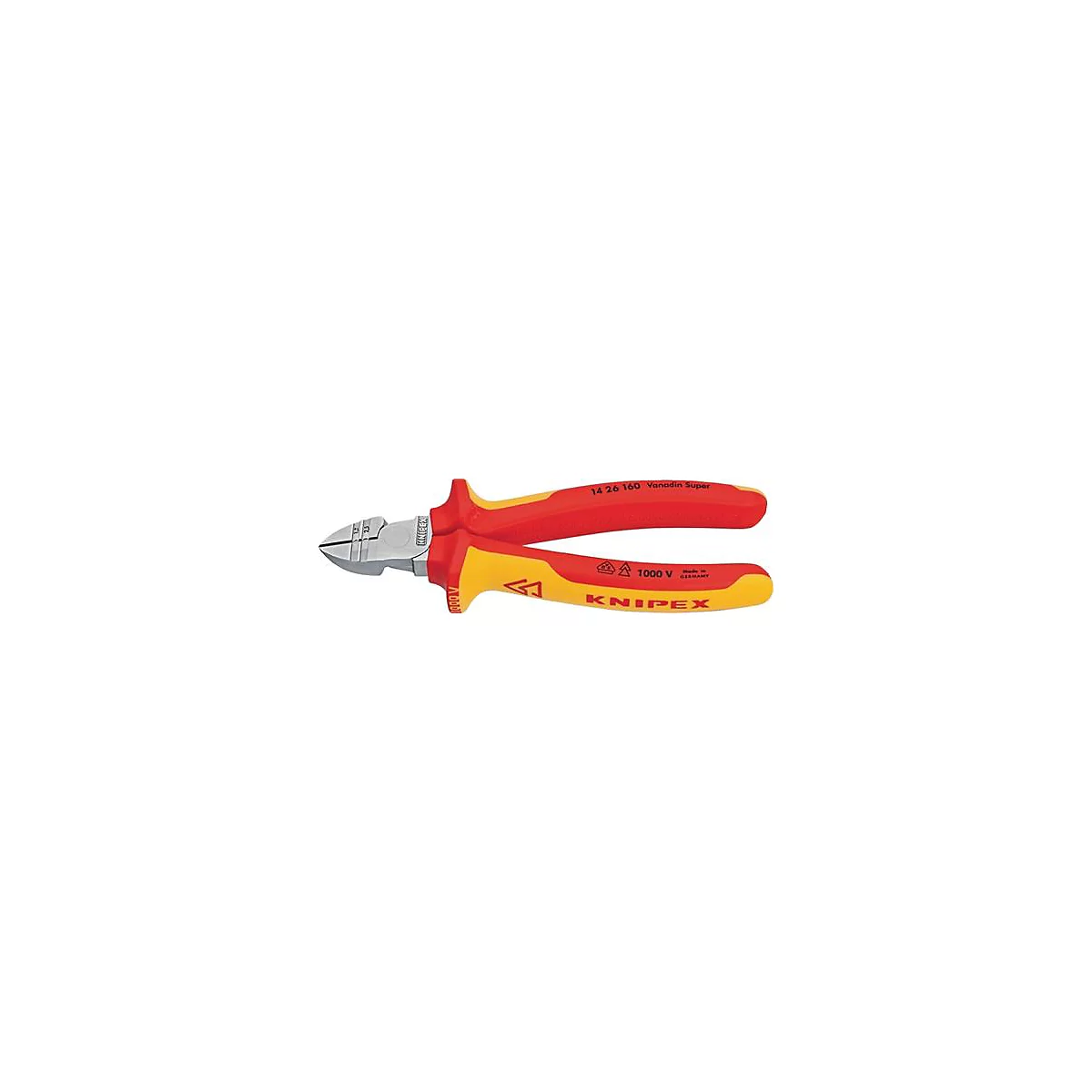 Knipex Seitenschneider, rot-gelb, Details: "14 26 160 Vanadin Super", "KNIPEX", 1000 V.