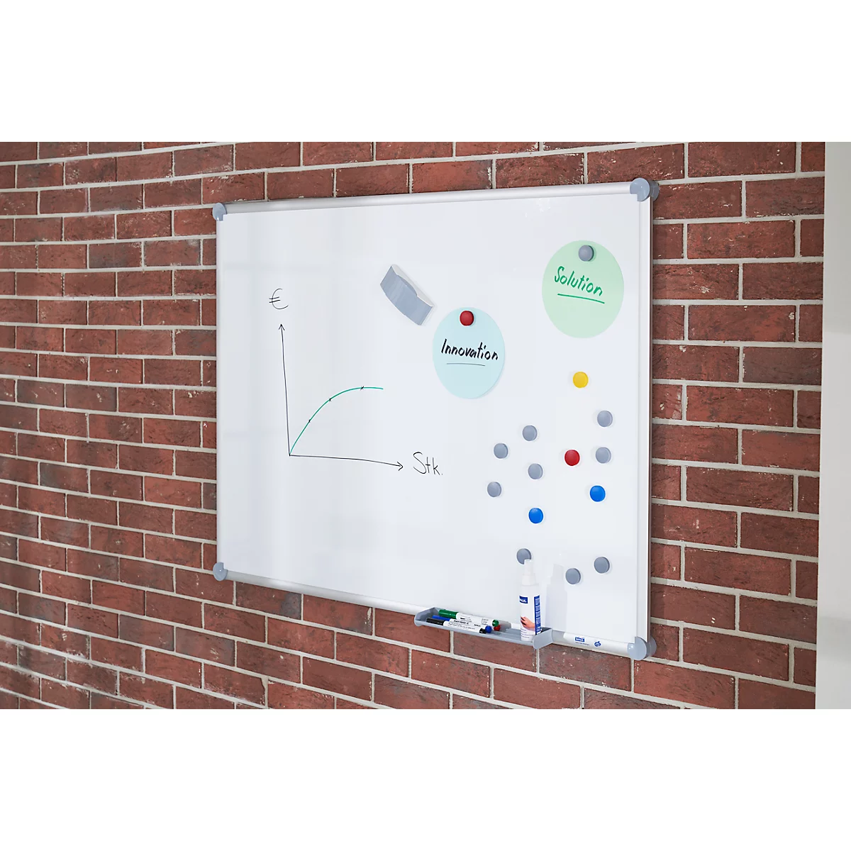 Tableau blanc avec diagramme, cercles, aimants et stylos contre un mur de briques. Les cercles indiquent "Innovation" et "Solution".
