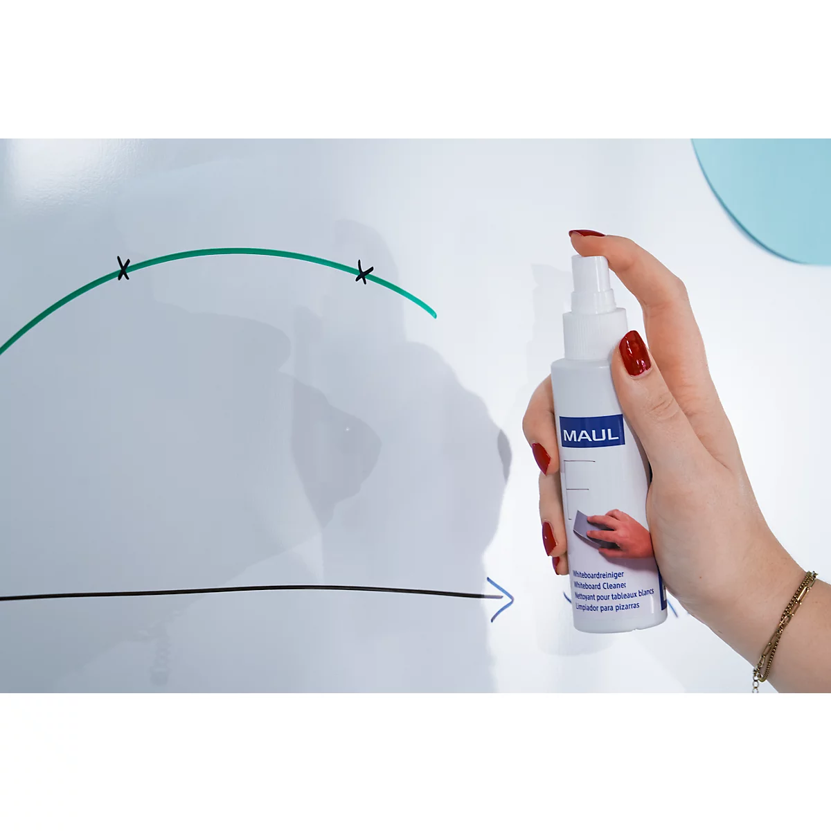 Une main tient un flacon pulvérisateur avec du vernis à ongles rouge. La bouteille dit "MAUL". En arrière-plan, un tableau avec des lignes.