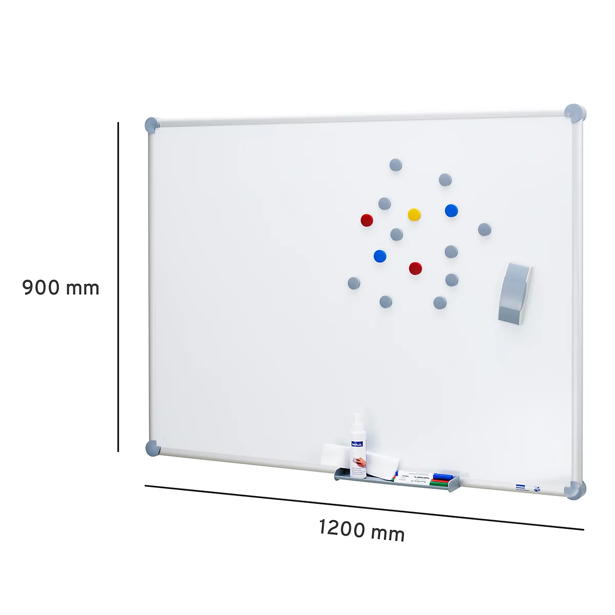 Tableau blanc rectangulaire, étiqueté avec des dimensions, des aimants et des accessoires.