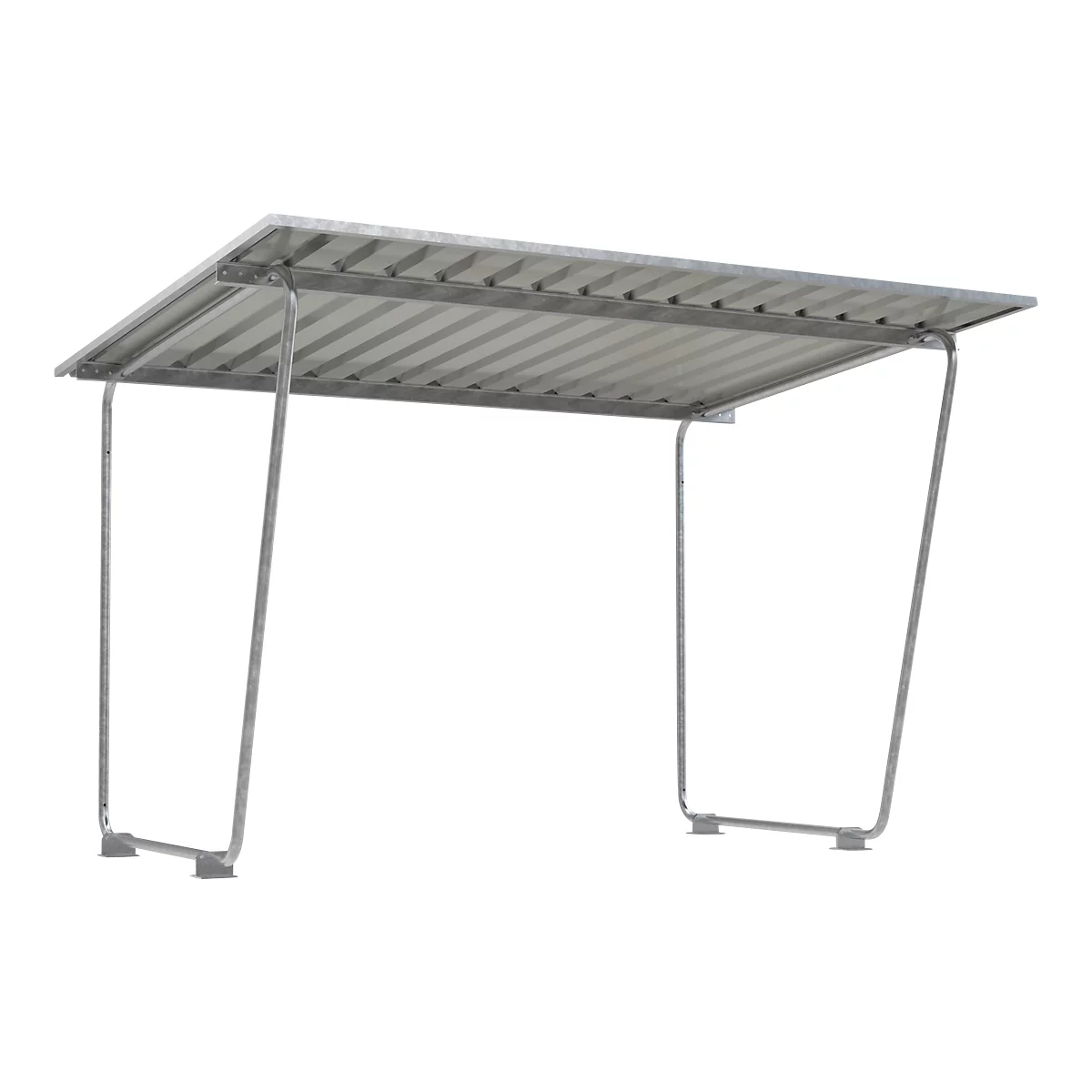 Abri à vélos en métal, gris. Le toit est légèrement incliné. Le support a des côtés ouverts.