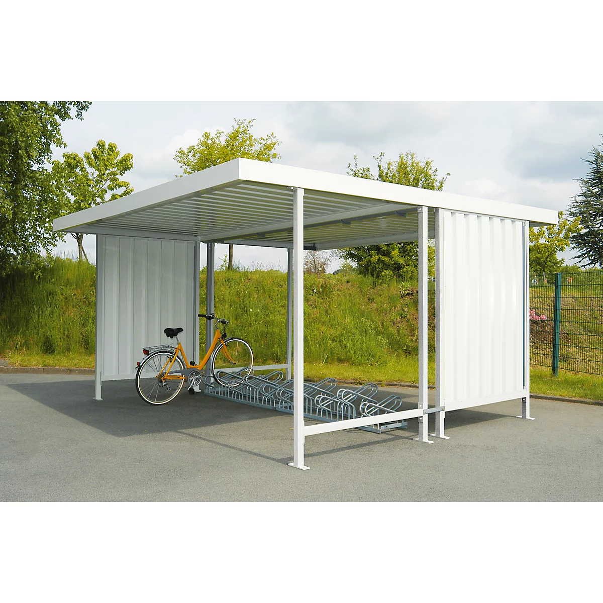 Abri extérieur modèle Leipzig, utilisable d'un côté, unité de base, P 2200 mm, l. 4300 mm, blanc gris