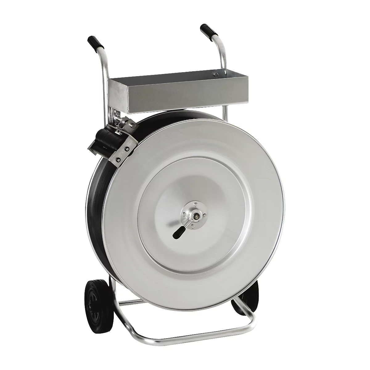 Ein silberner Spanngurt-Wagen mit einer Rolle Spanngurt, schwarze Griffe und Räder.