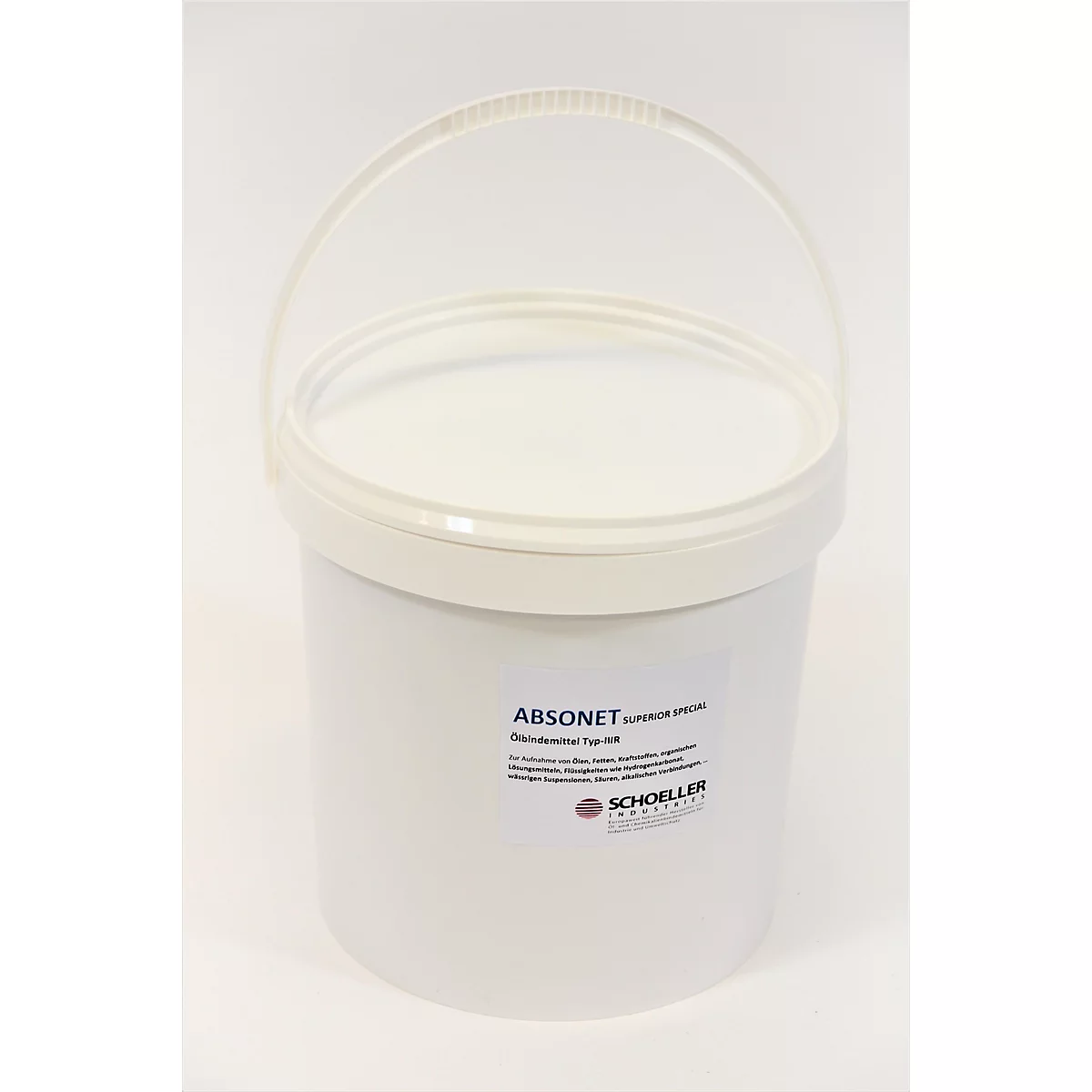 White bucket with lid and handle. Sticker with text and logo. On a light background.