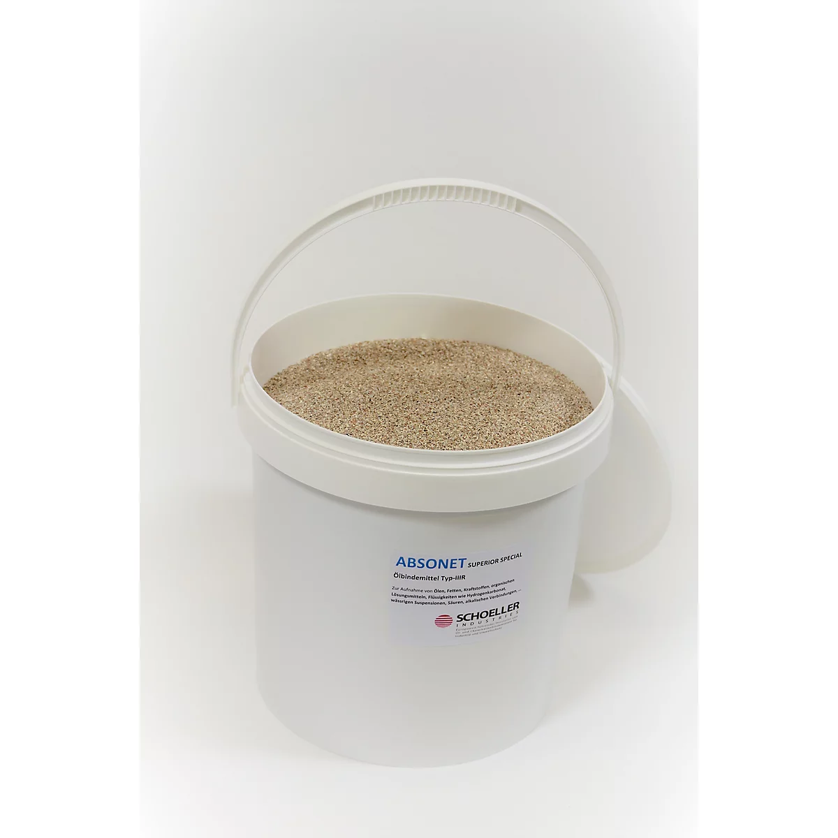 White bucket with sandy contents, open. Sticker with the inscription "ABSONET". Handle on top.