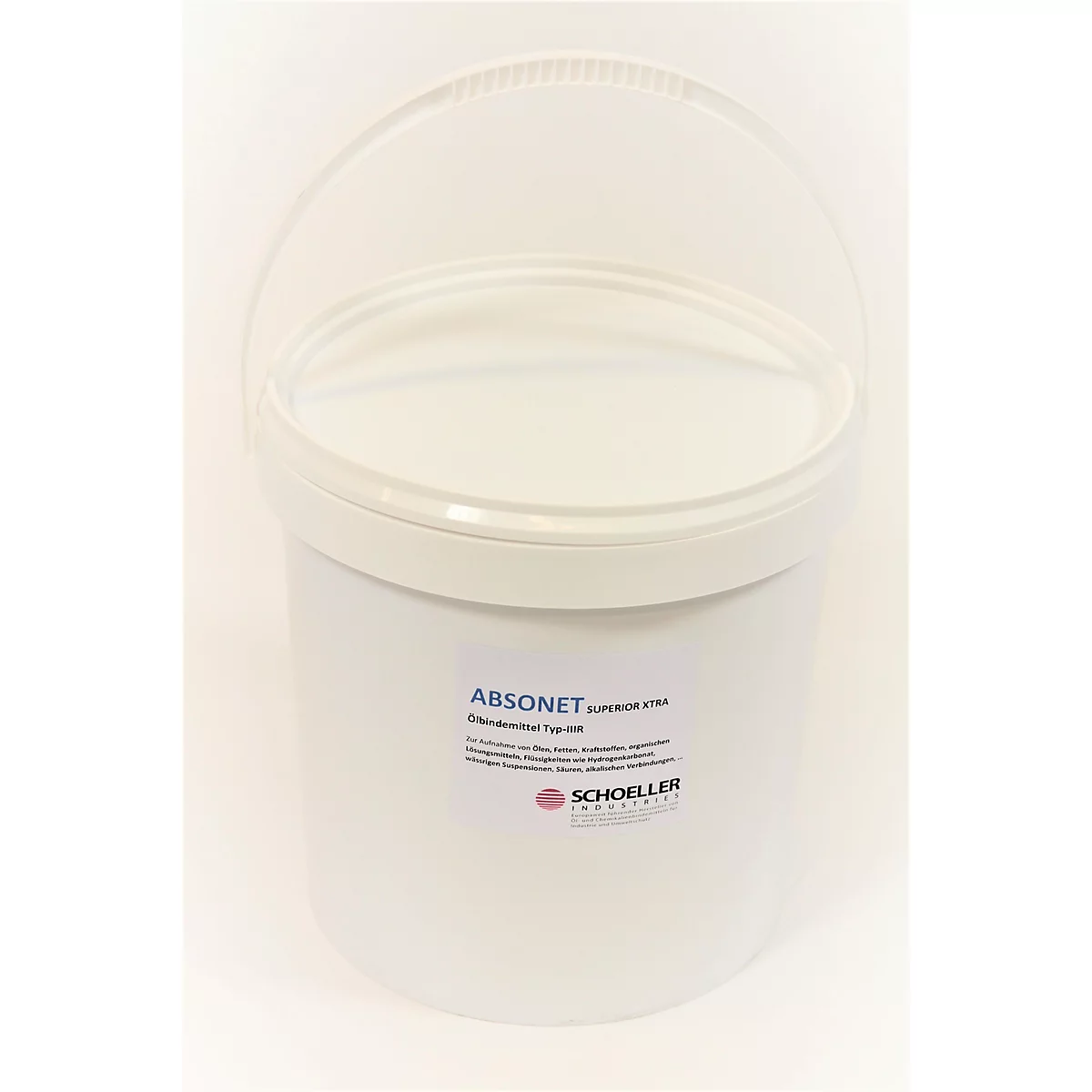 White bucket with handle. Sticker with text: ABSONET, SCHOELLER.