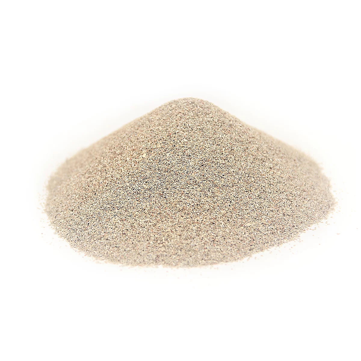 A pile of fine, light brown sand grains on a white background.