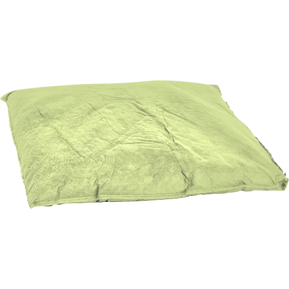 Een vierkant lichtgroen kussen met een ruw oppervlak en vierkante stiksels.