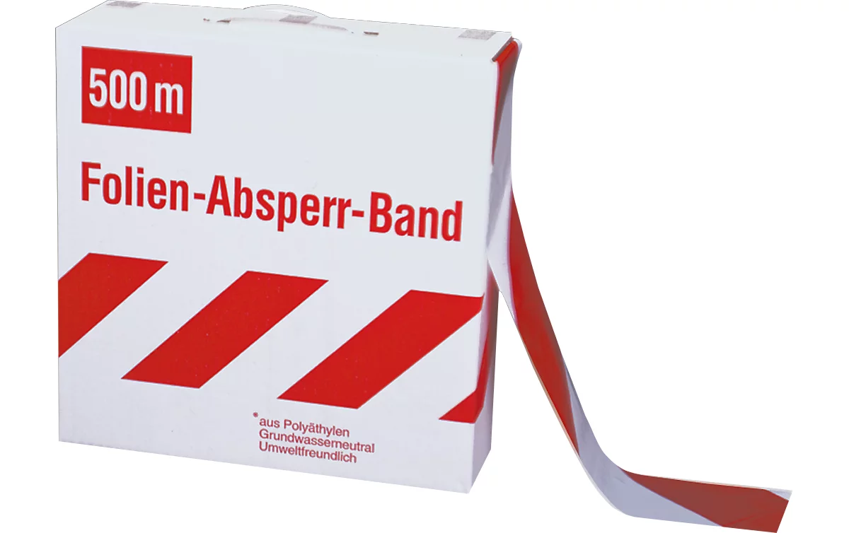 Absperrband, Polyethylen-Folie, 500 m x 80 mm, rot/weiß schraffiert, 1 Rolle im Abrollkarton