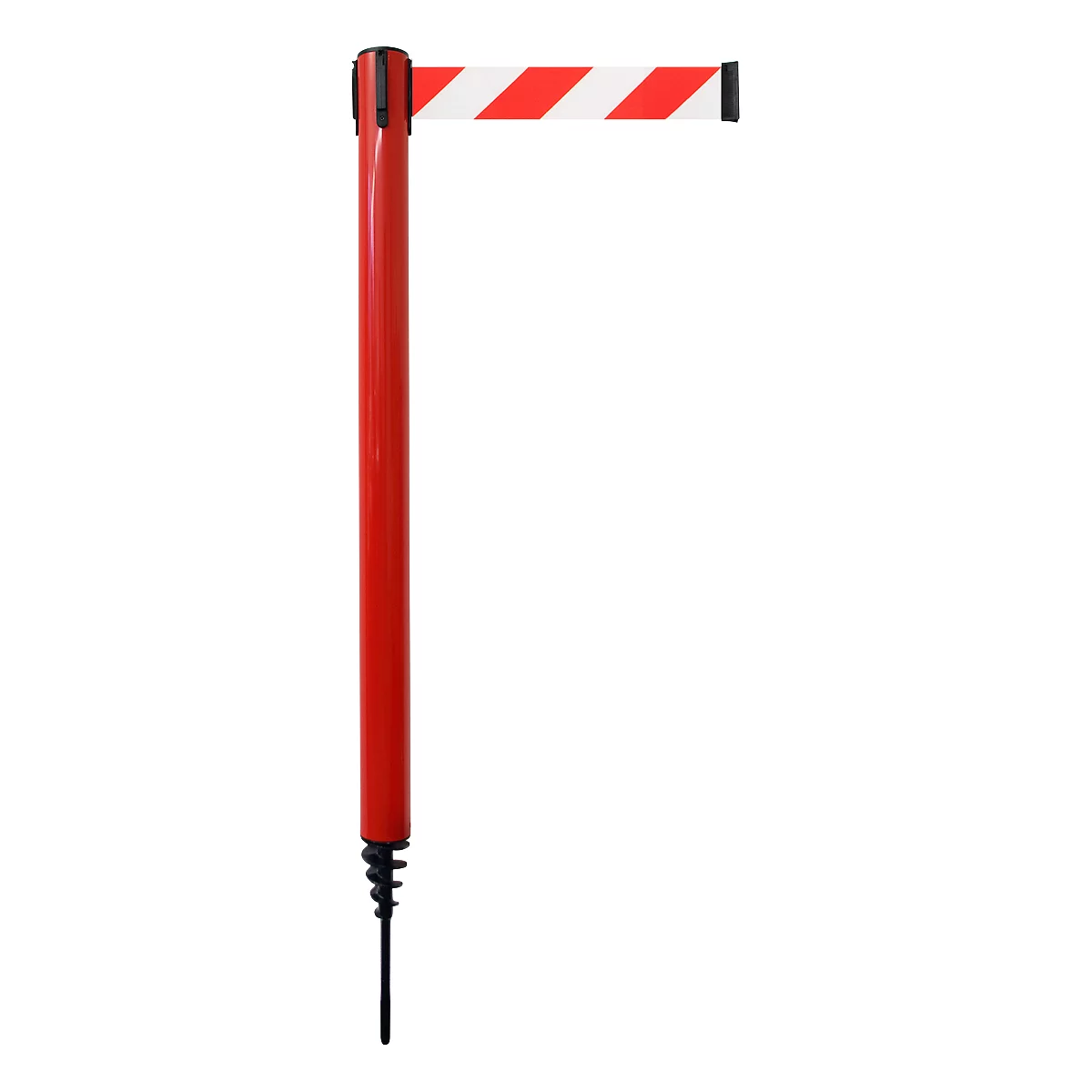 Absperrpfosten GLA 24, L 350 x B 350 x H 1250 mm, mit Erdspieß, Gurtauszug 4 m, rot