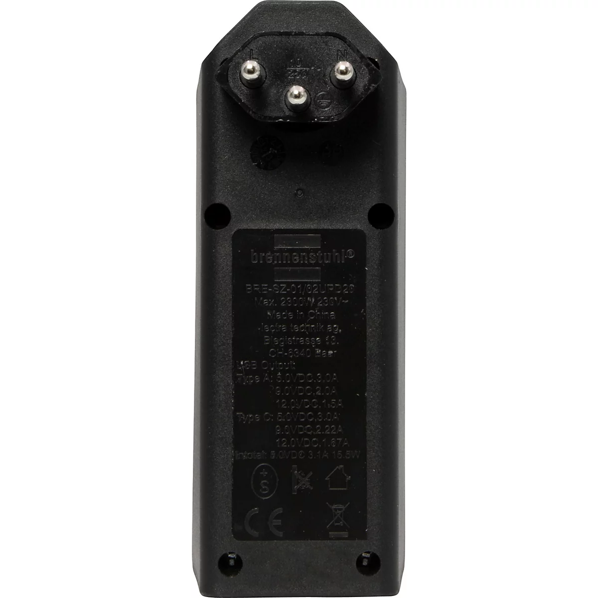 Abzweigstecker brennenstuhl® cleverLINE, 2-fach, 1 x USB-A/1 x USB-C, um 300° drehbar, ohne Aufhänger, IP20, Kunststoff, schwarz