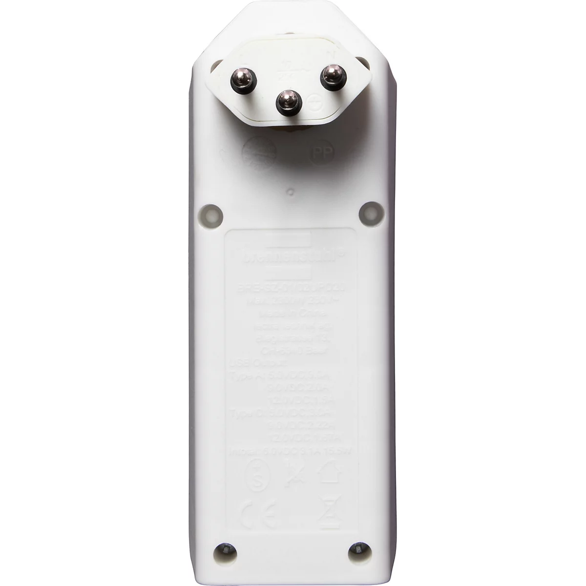 Weisse Mehrfachsteckdose mit zwei Steckdosen, USB-A und USB-C-Anschluss, seitlich abgebildet.