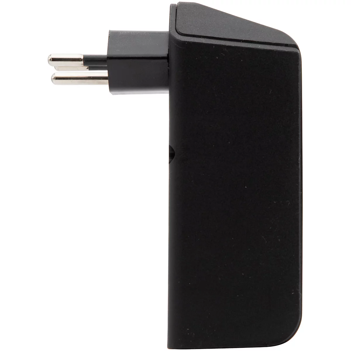 Schwarze Steckdosenleiste mit zwei ungenutzten Steckdosen und einem Netzschalter mit rotem Licht.