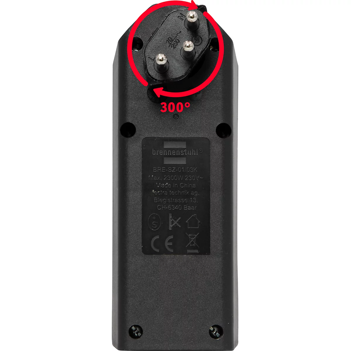 Abzweigstecker brennenstuhl® cleverLINE, 3-fach, um 300° drehbar, mit beleuchtetem Schalter, ohne Aufhänger, IP20, Kunststoff, schwarz