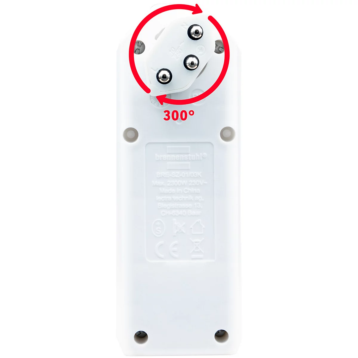 Abzweigstecker brennenstuhl® cleverLINE, 3-fach, um 300° drehbar, mit beleuchtetem Schalter, ohne Aufhänger, IP20, Kunststoff, weiss