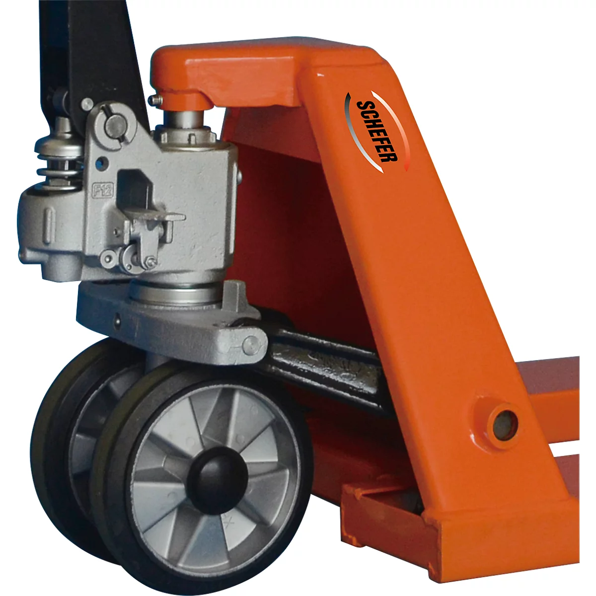AC-P pallettruck, handmatige hefaandrijving, hefcapaciteit tot 2500 kg, zwenkwielen en lastrollen, L 1550 x B 540 x H 1240 mm, staal, oranje-zwart