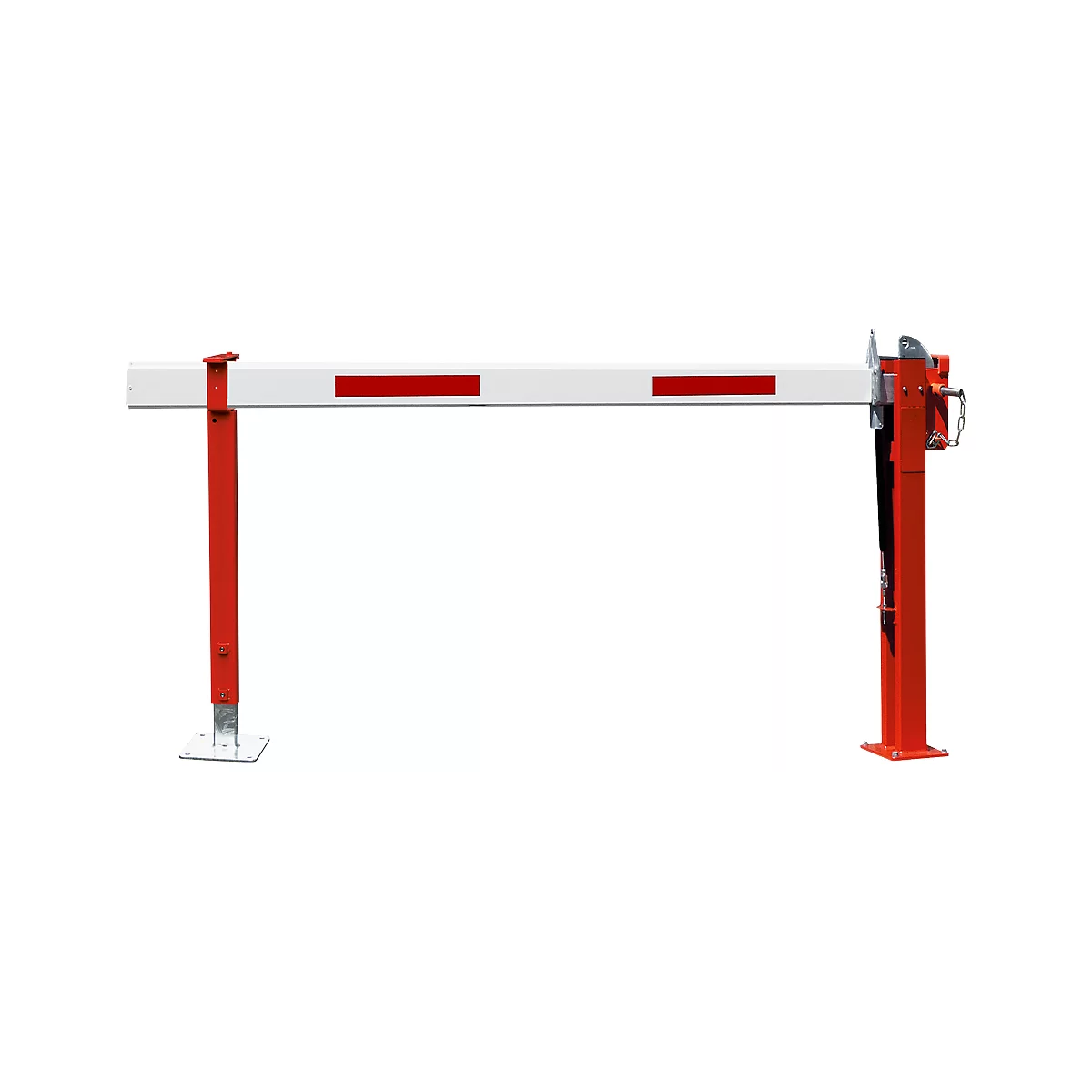 A red and white barrier with red rectangles on the bar.
