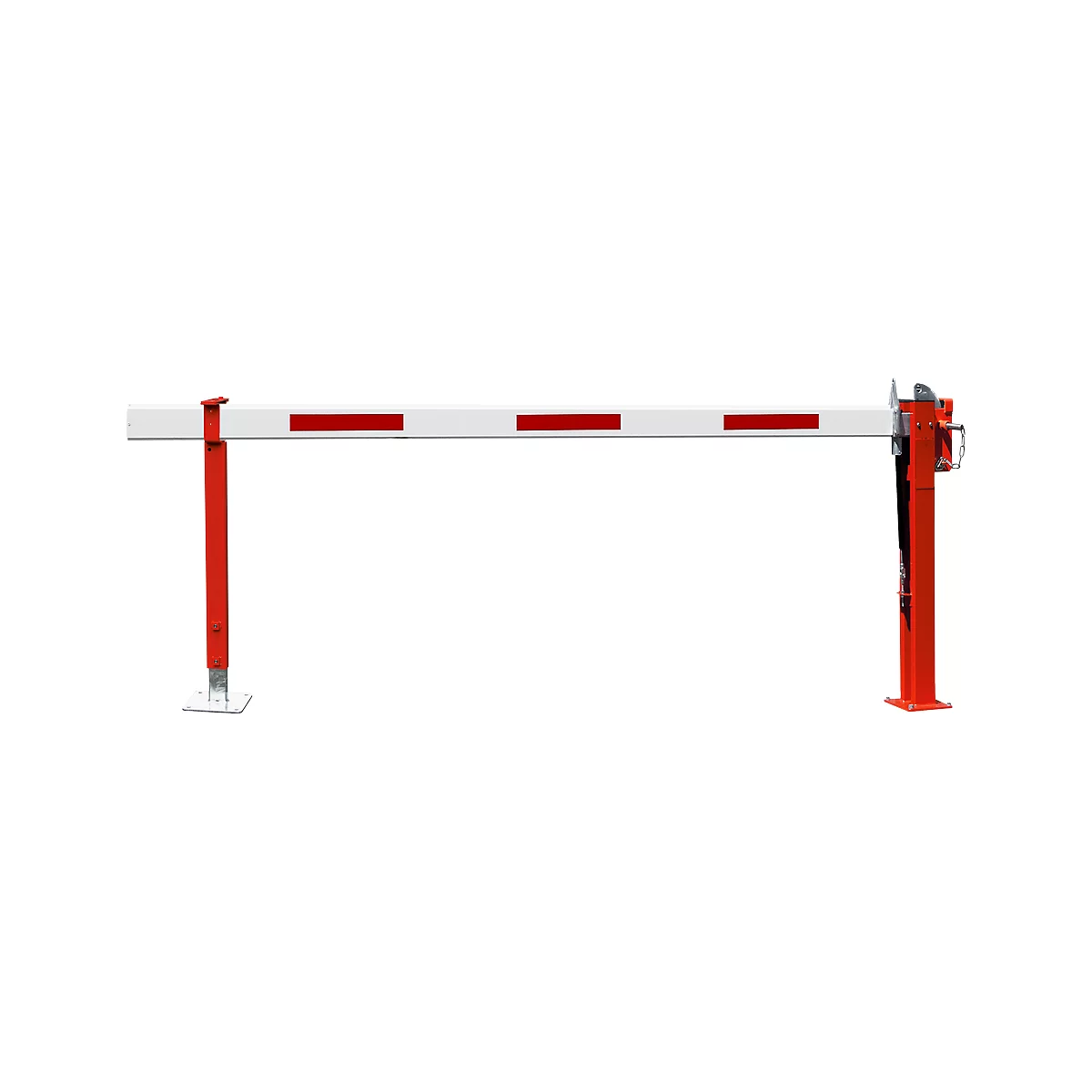 A closed red and white striped barrier arm against a white background.