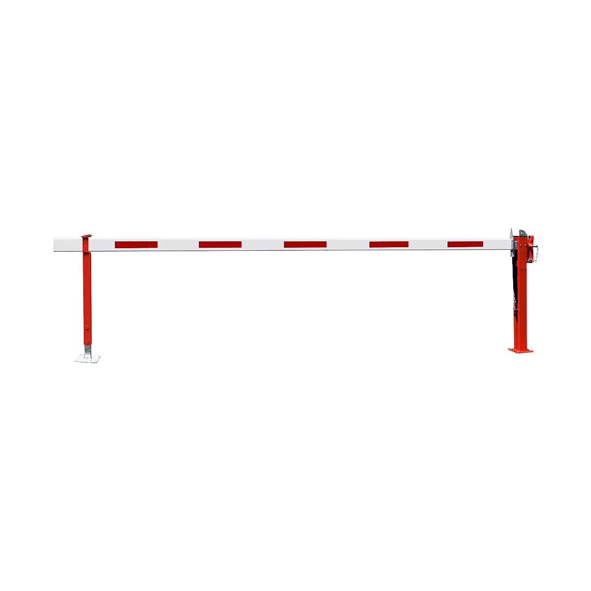 A red and white barrier on a neutral background.