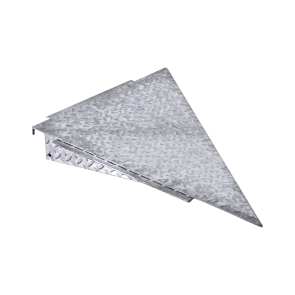 Triangular metal angle, galvanized, with checkered plate pattern.