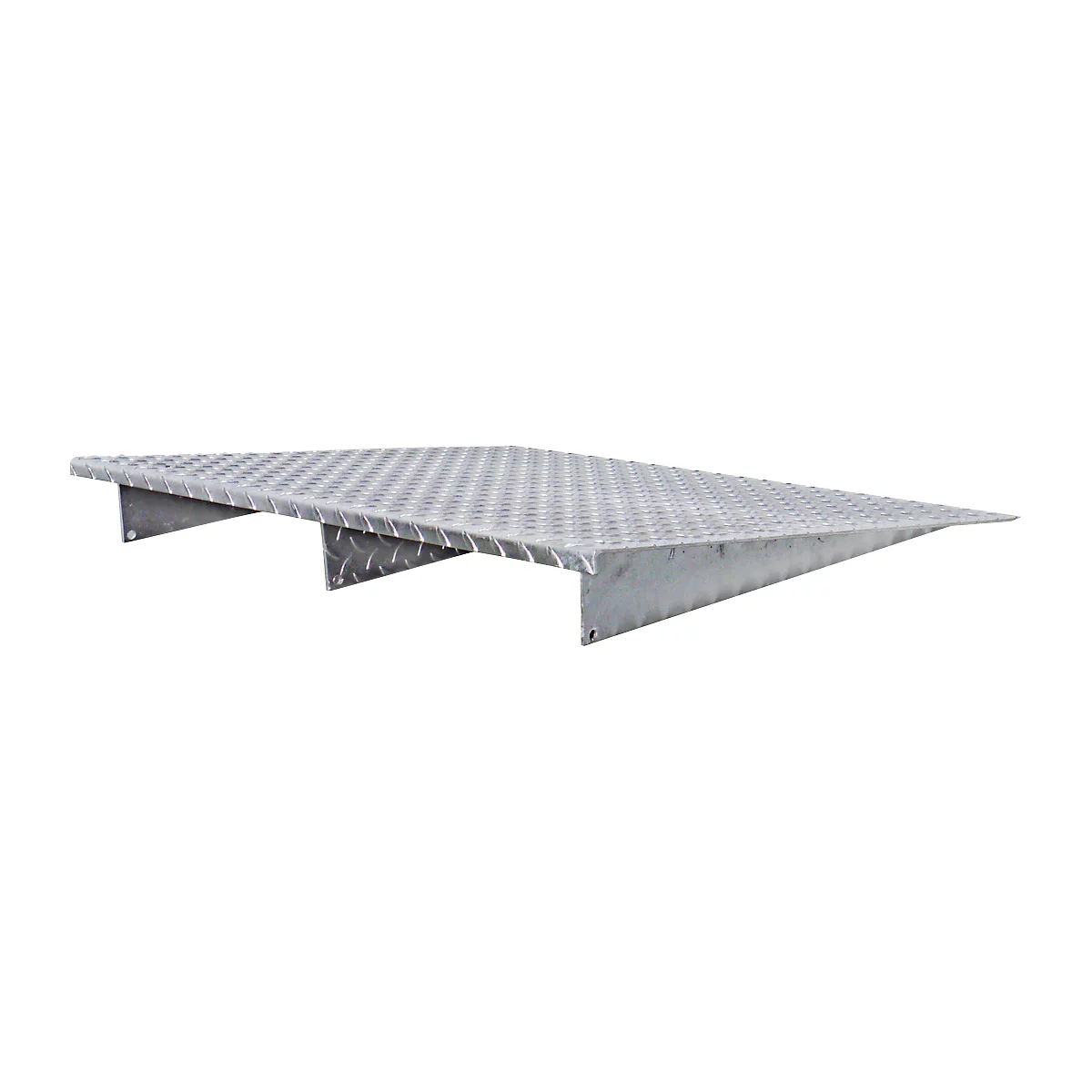 A metal ramp, photographed diagonally from above. The checkered plate is held by metal brackets.