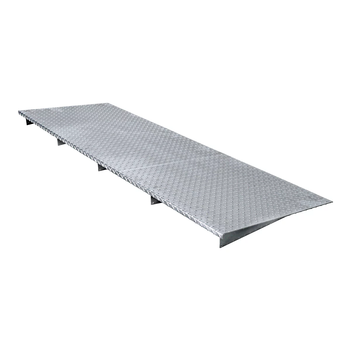 Grey, metallic ramp with a ridged surface, angled at one end.
