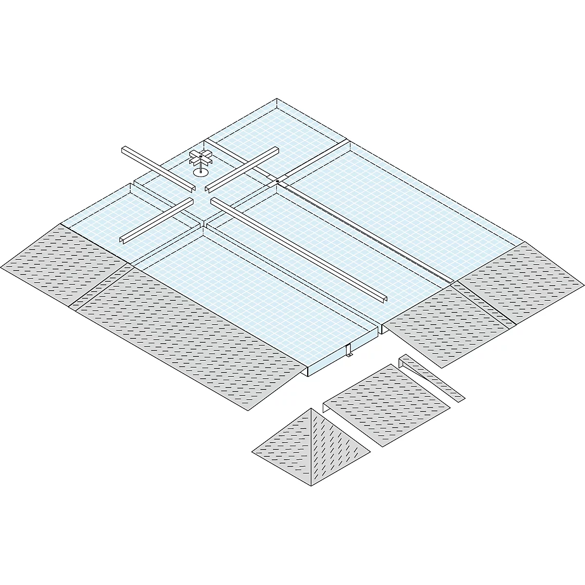 Top view of a blue, square plate with metal struts and ramp-like elements.