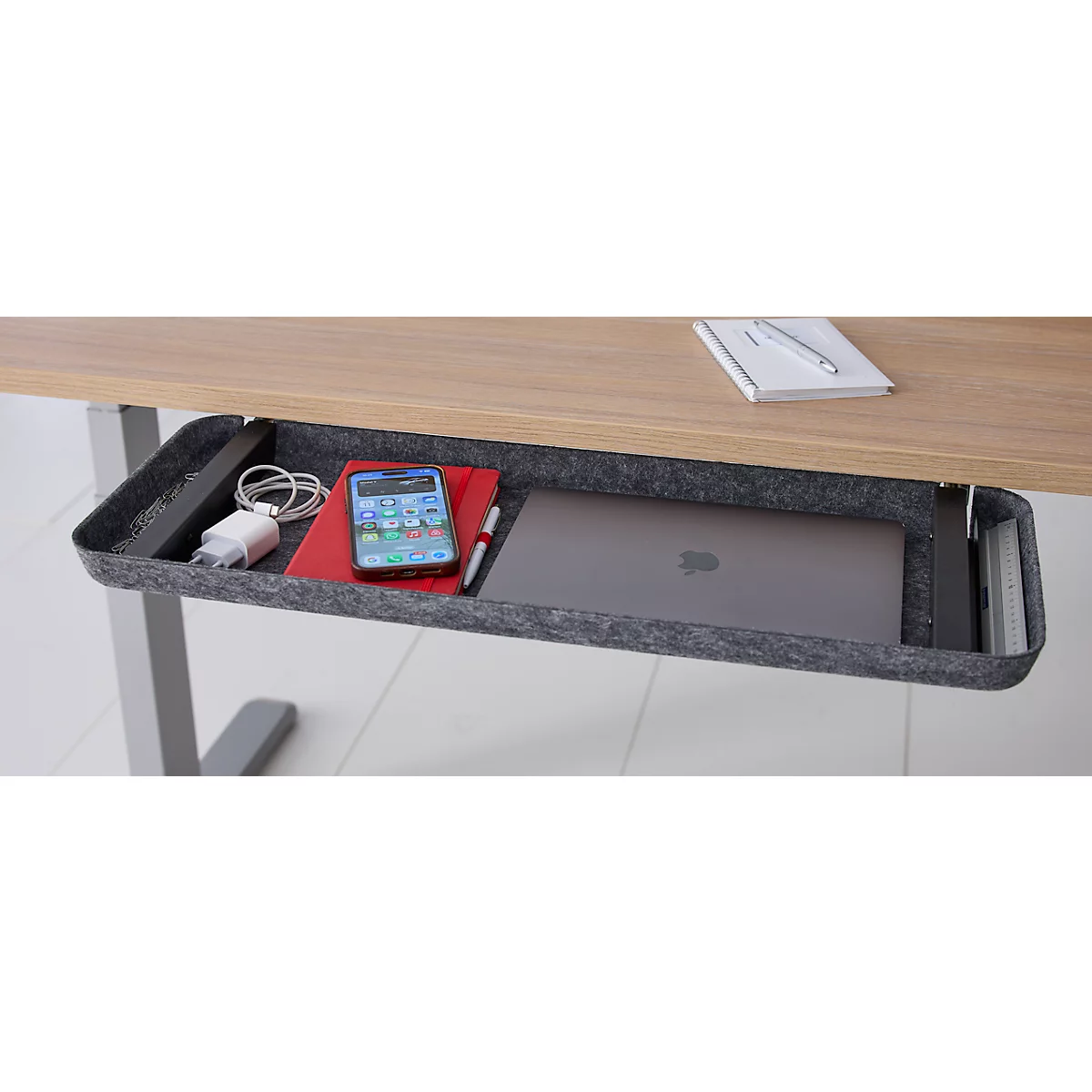 Accessoirelade, voor montage onder bureaus, kogelgelagerd, B 733 x D 260 x H 44 mm, recyclebaar vilt, donkergrijs