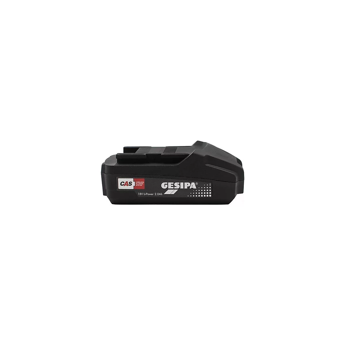 Zwarte Gesipa-batterij. Opschrift: 18V Li-Power 2.0Ah, CAS- en Gesipa-logo.