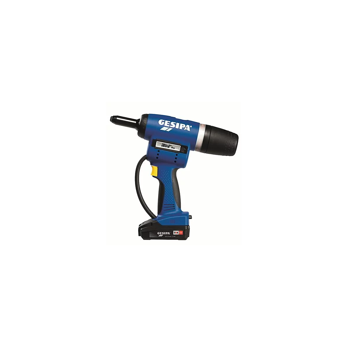 Blauw en zwart Gesipa iBird Pro klinkgereedschap met gele accenten.